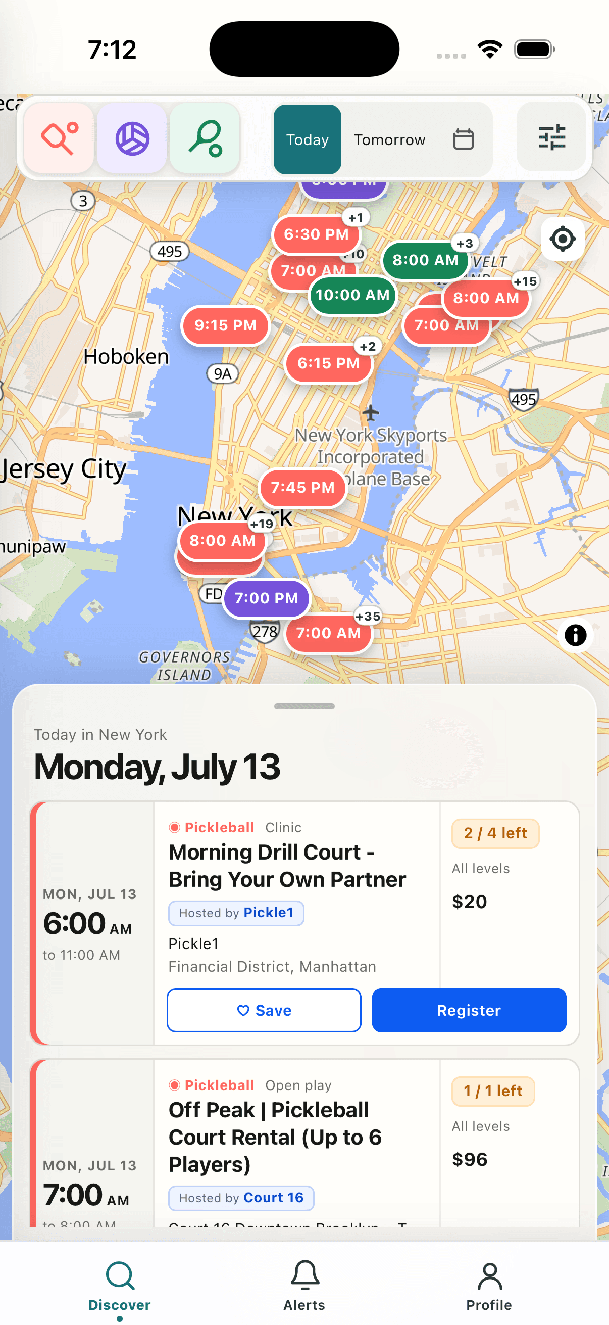 OpenPlay running in the iOS Simulator with live NYC events on the map and available sessions below